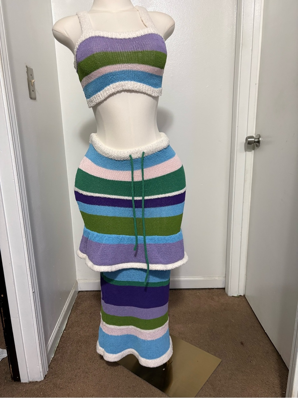 SHEIN Striped Knit Crop Top & Skirt Set in Blue, Pink & Green